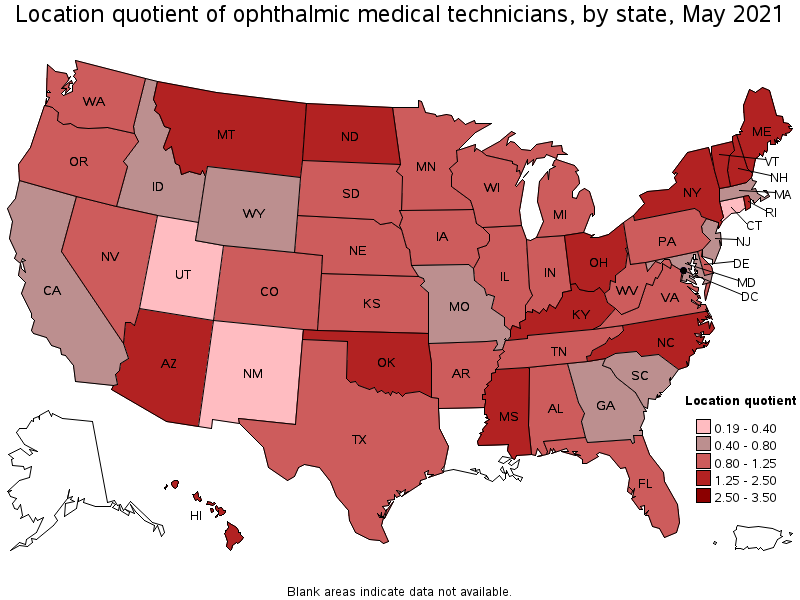 Map of location quotient of ophthalmic medical technicians by state, May 2021