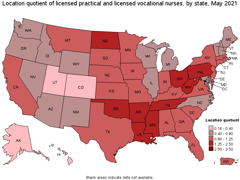 Map of location quotient of licensed practical and licensed vocational nurses by state, May 2021