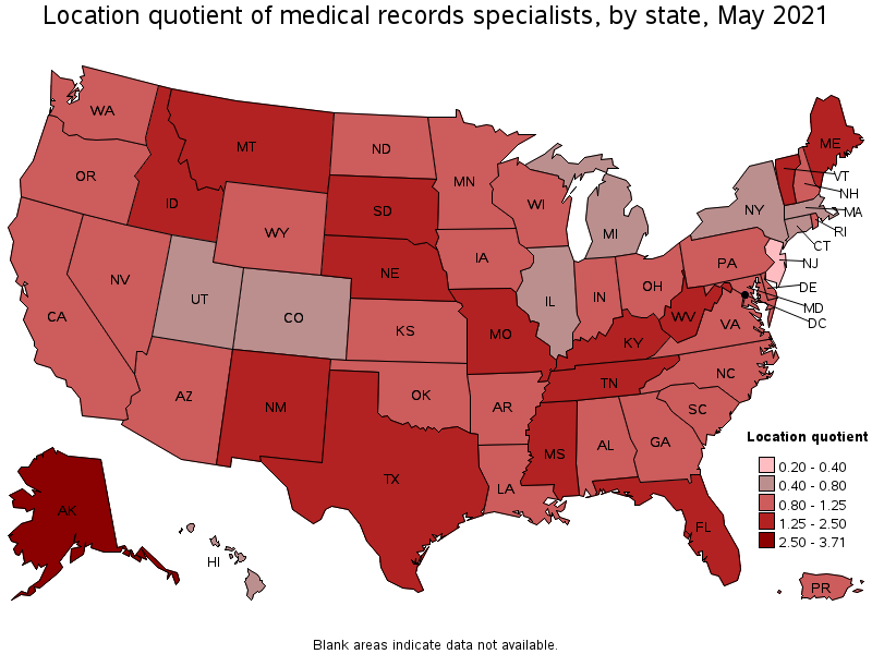 Map of location quotient of medical records specialists by state, May 2021
