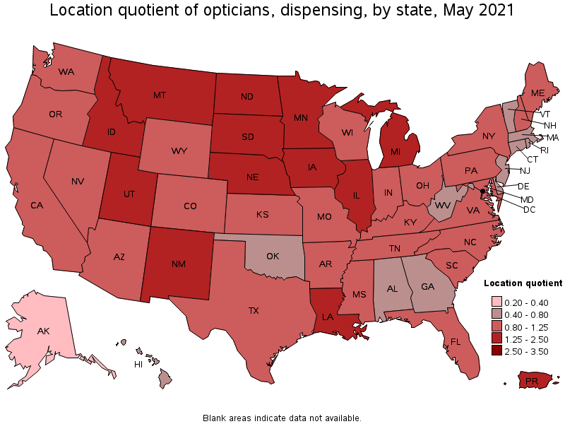 Map of location quotient of opticians, dispensing by state, May 2021