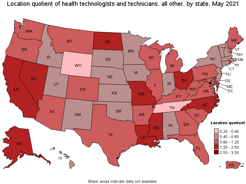 Map of location quotient of health technologists and technicians, all other by state, May 2021