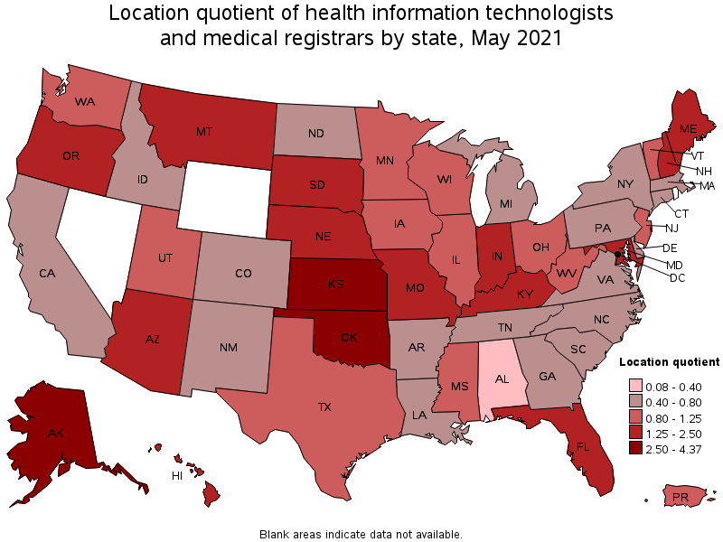 Map of location quotient of health information technologists and medical registrars by state, May 2021