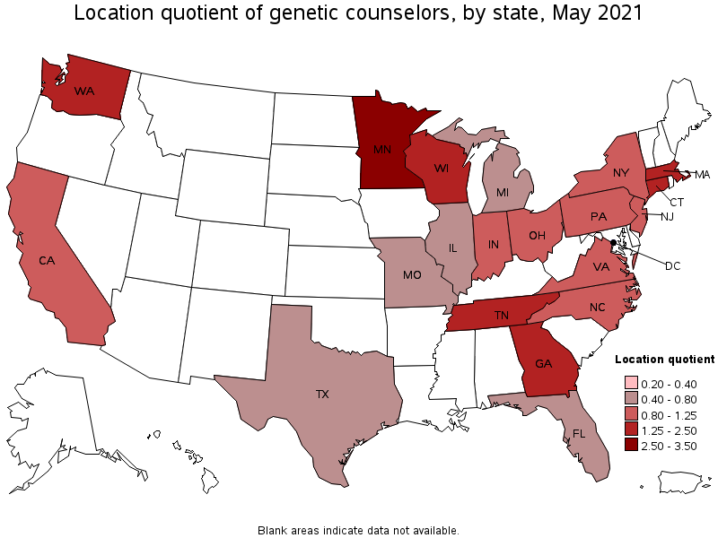 Map of location quotient of genetic counselors by state, May 2021
