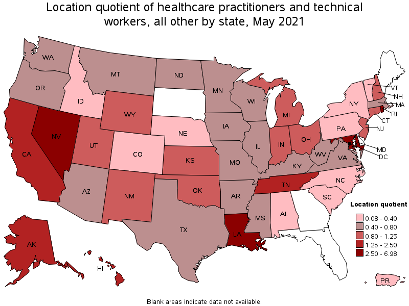 Map of location quotient of healthcare practitioners and technical workers, all other by state, May 2021