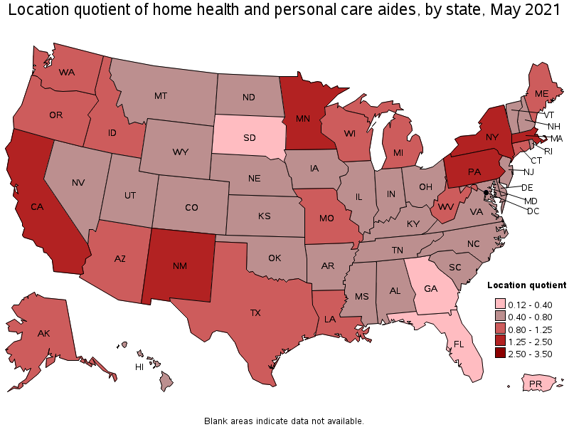 Map of location quotient of home health and personal care aides by state, May 2021