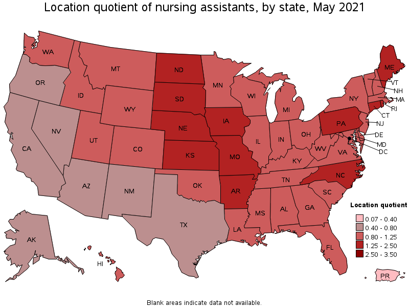 Map of location quotient of nursing assistants by state, May 2021