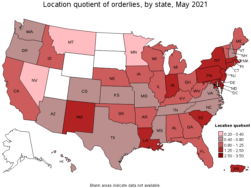 Map of location quotient of orderlies by state, May 2021