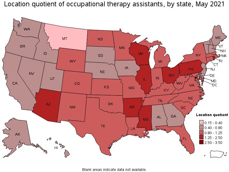 Map of location quotient of occupational therapy assistants by state, May 2021