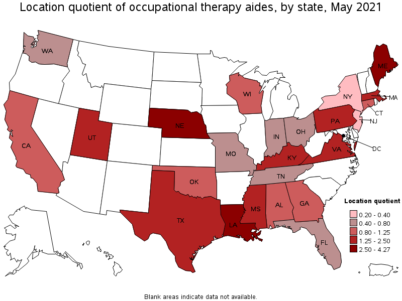Map of location quotient of occupational therapy aides by state, May 2021