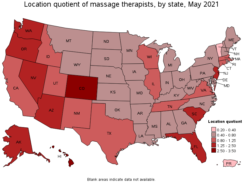 Map of location quotient of massage therapists by state, May 2021