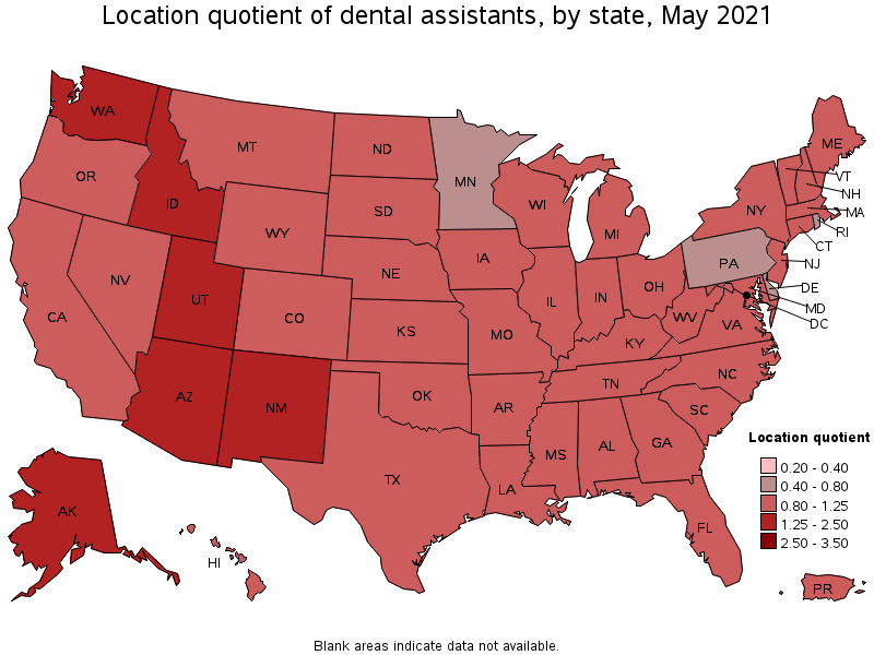 Map of location quotient of dental assistants by state, May 2021