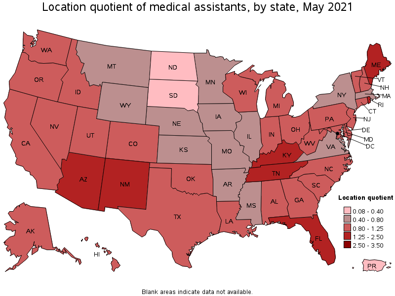 Map of location quotient of medical assistants by state, May 2021
