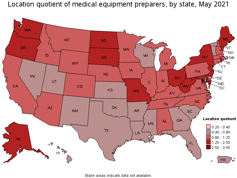 Map of location quotient of medical equipment preparers by state, May 2021