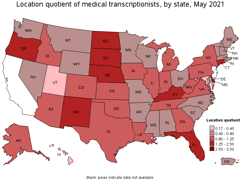 Map of location quotient of medical transcriptionists by state, May 2021