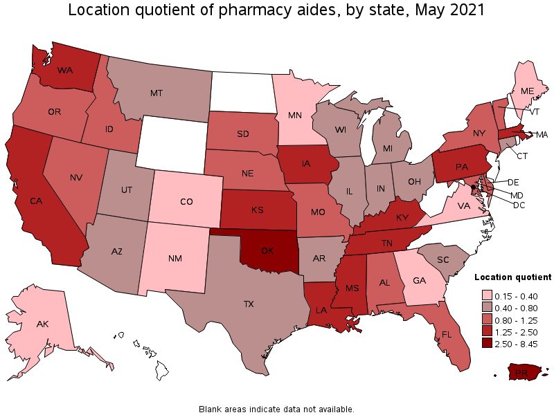 Map of location quotient of pharmacy aides by state, May 2021
