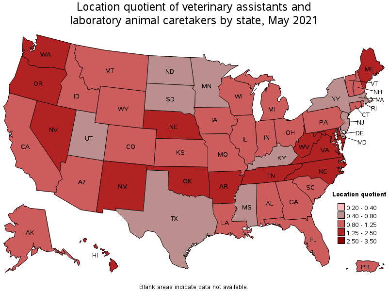 Map of location quotient of veterinary assistants and laboratory animal caretakers by state, May 2021
