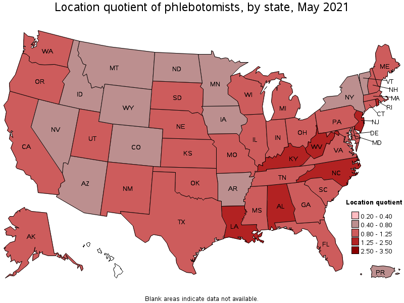Map of location quotient of phlebotomists by state, May 2021