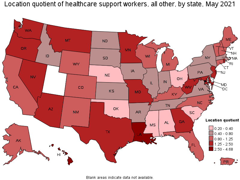 Map of location quotient of healthcare support workers, all other by state, May 2021