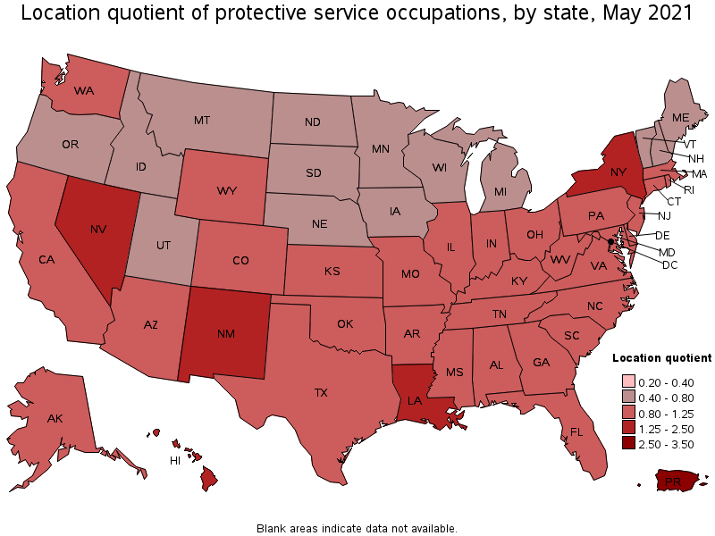 Map of location quotient of protective service occupations by state, May 2021
