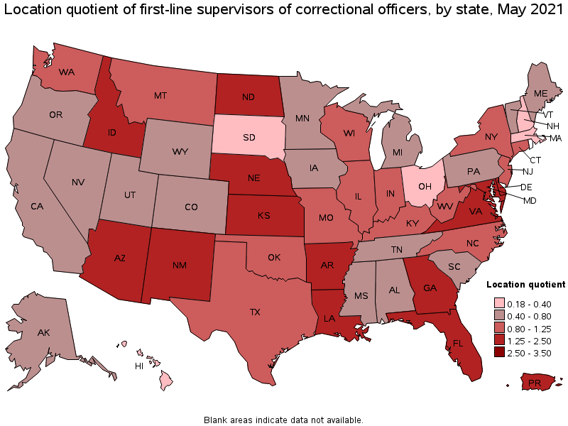 Map of location quotient of first-line supervisors of correctional officers by state, May 2021