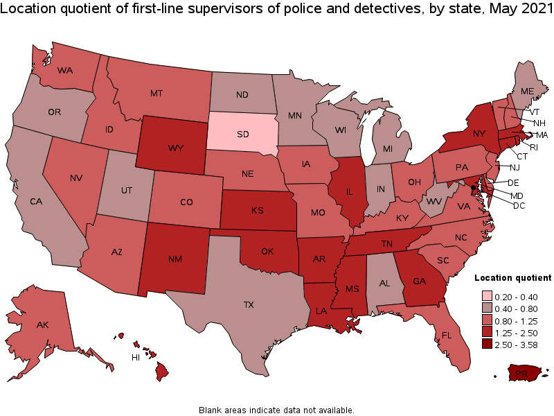 Map of location quotient of first-line supervisors of police and detectives by state, May 2021