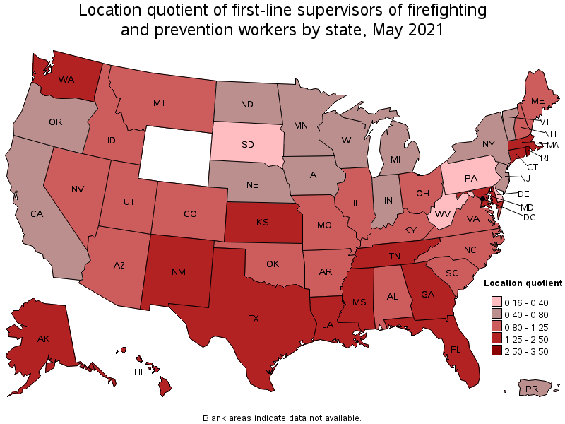 Map of location quotient of first-line supervisors of firefighting and prevention workers by state, May 2021