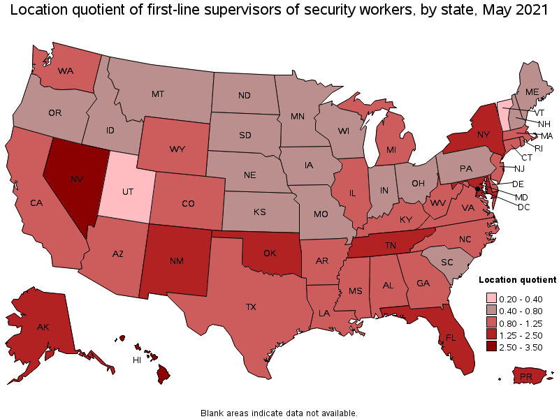 Map of location quotient of first-line supervisors of security workers by state, May 2021