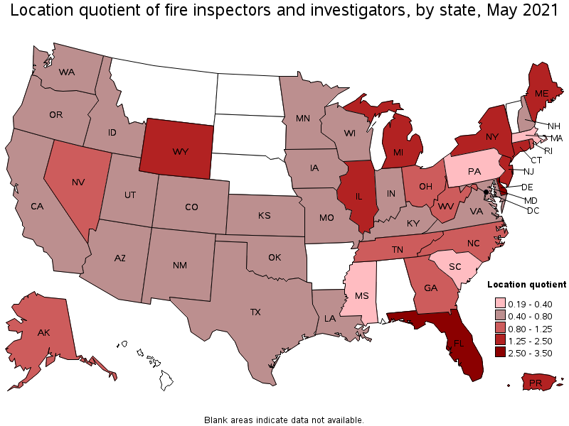 Map of location quotient of fire inspectors and investigators by state, May 2021