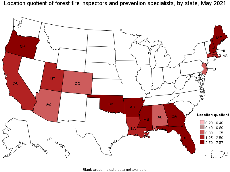 Map of location quotient of forest fire inspectors and prevention specialists by state, May 2021