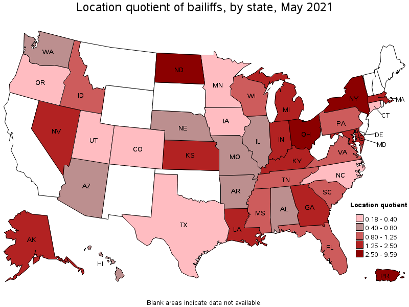 Map of location quotient of bailiffs by state, May 2021