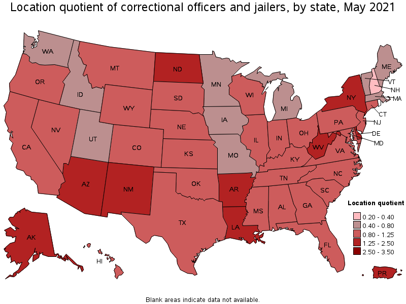 Map of location quotient of correctional officers and jailers by state, May 2021