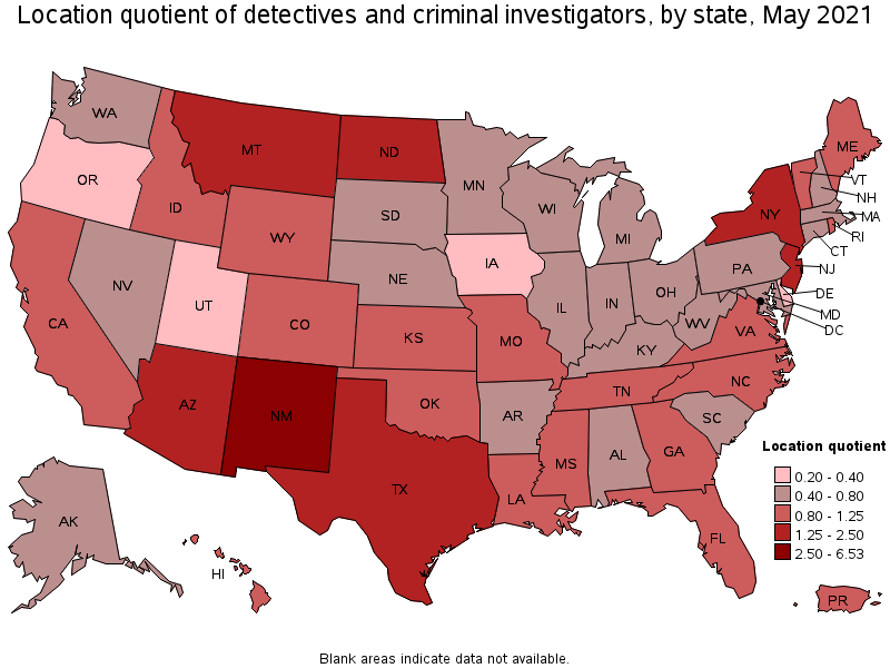 Map of location quotient of detectives and criminal investigators by state, May 2021