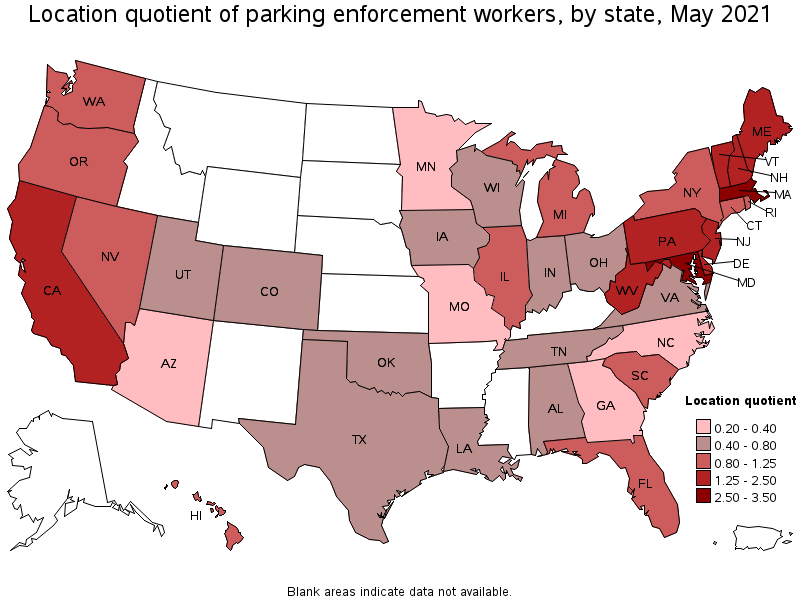 Map of location quotient of parking enforcement workers by state, May 2021