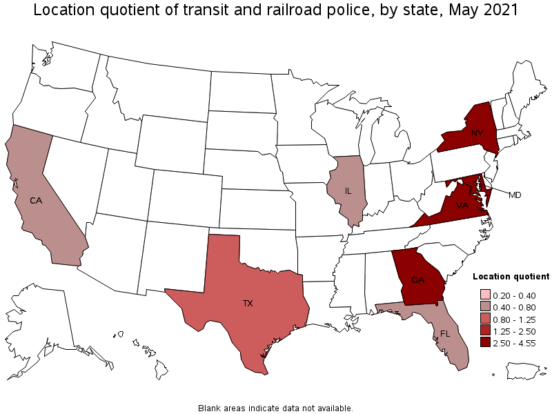Map of location quotient of transit and railroad police by state, May 2021