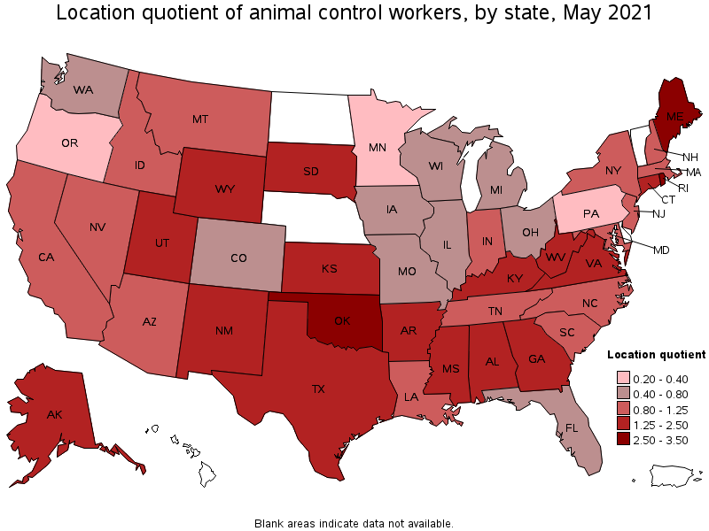 Map of location quotient of animal control workers by state, May 2021
