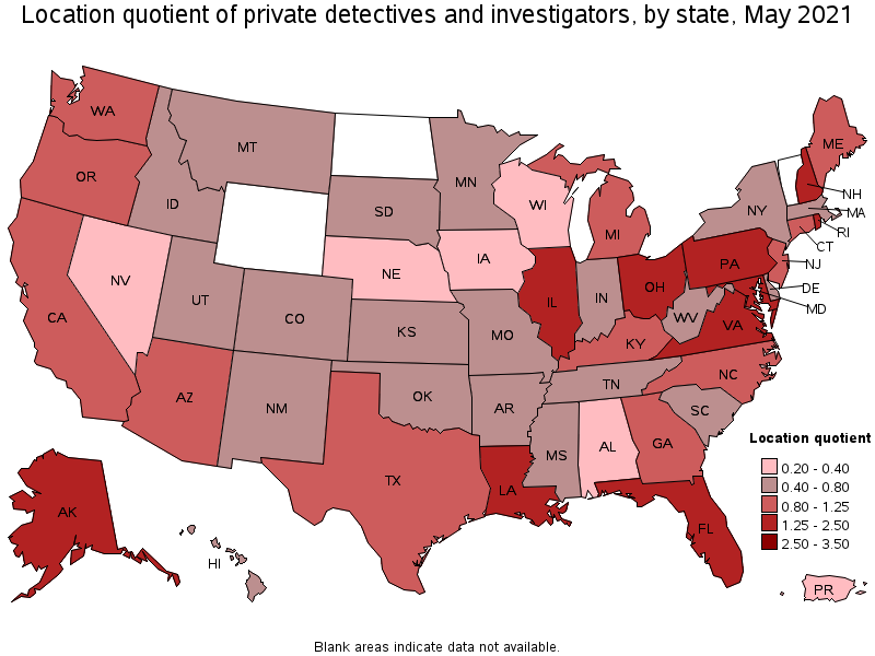 Map of location quotient of private detectives and investigators by state, May 2021