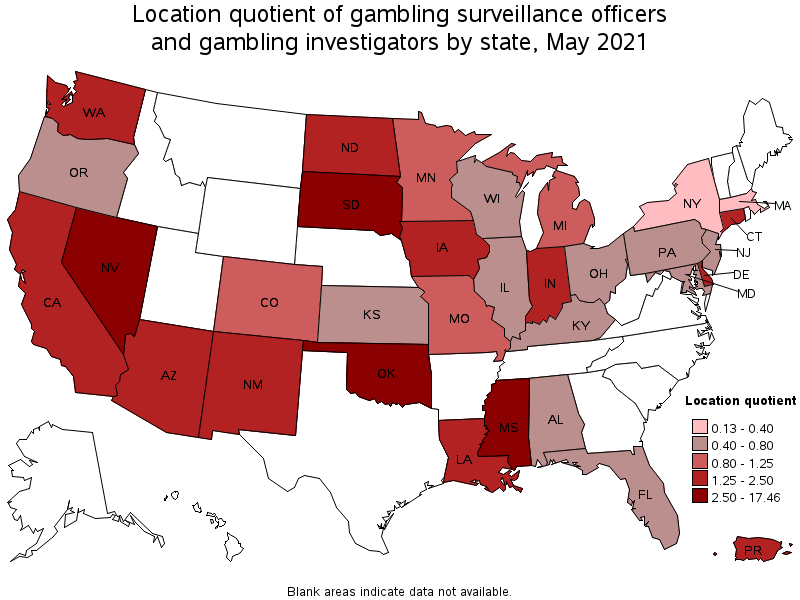 Map of location quotient of gambling surveillance officers and gambling investigators by state, May 2021