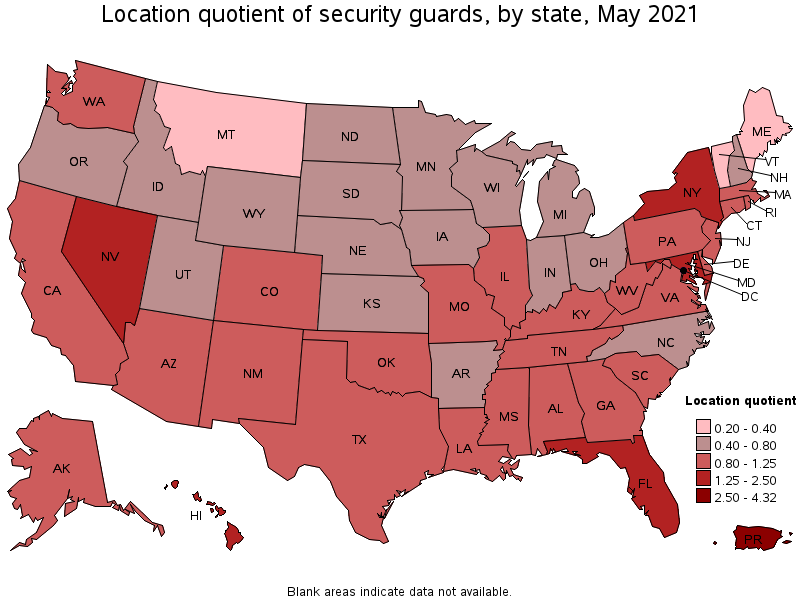 Map of location quotient of security guards by state, May 2021