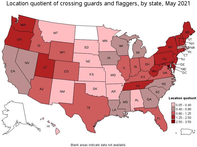 Map of location quotient of crossing guards and flaggers by state, May 2021