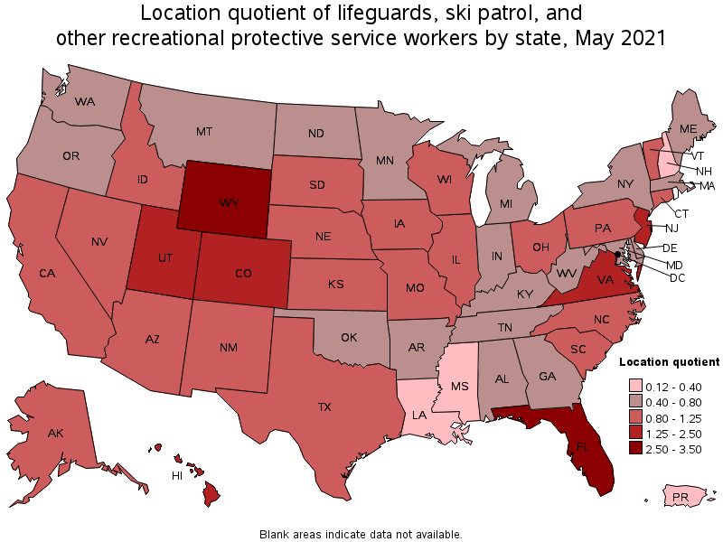 Map of location quotient of lifeguards, ski patrol, and other recreational protective service workers by state, May 2021