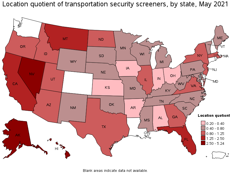Map of location quotient of transportation security screeners by state, May 2021
