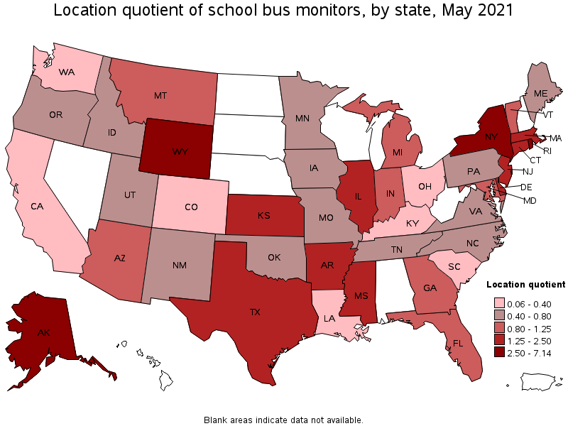 Map of location quotient of school bus monitors by state, May 2021