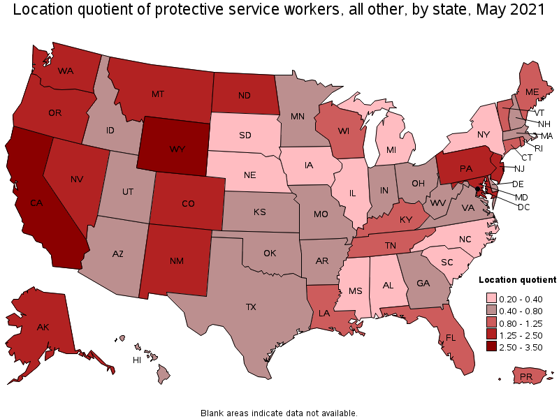 Map of location quotient of protective service workers, all other by state, May 2021