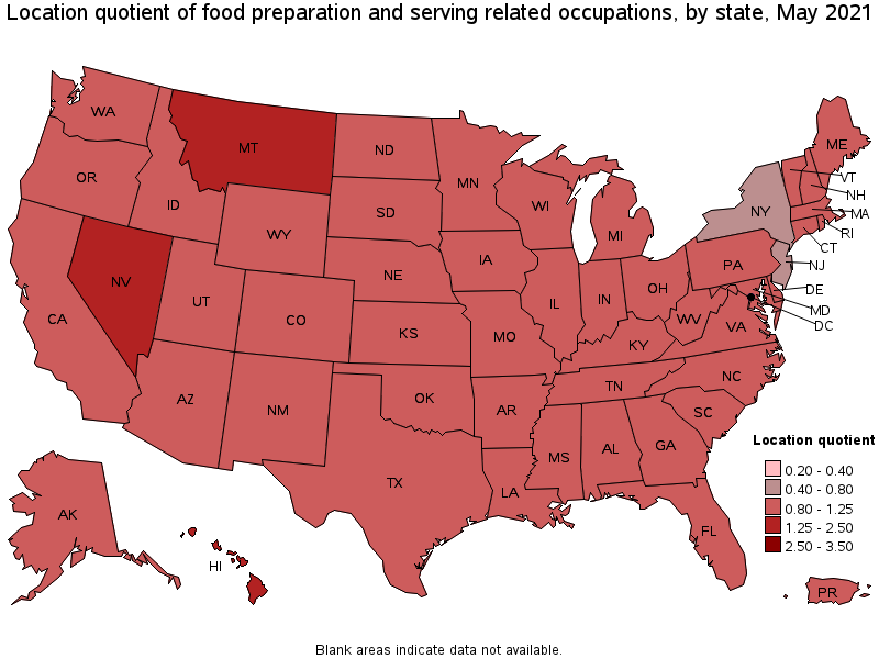 Map of location quotient of food preparation and serving related occupations by state, May 2021