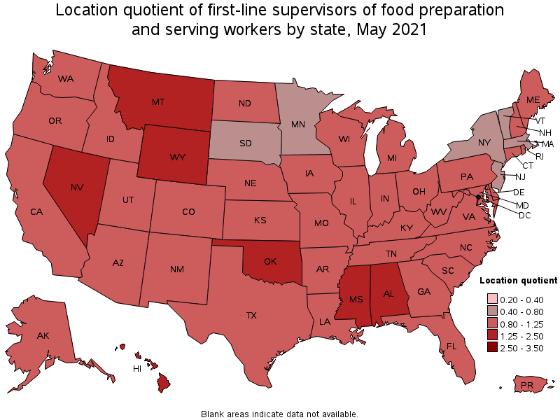 Map of location quotient of first-line supervisors of food preparation and serving workers by state, May 2021