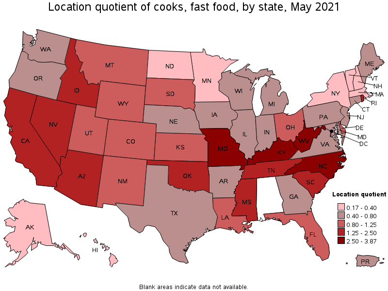 Map of location quotient of cooks, fast food by state, May 2021