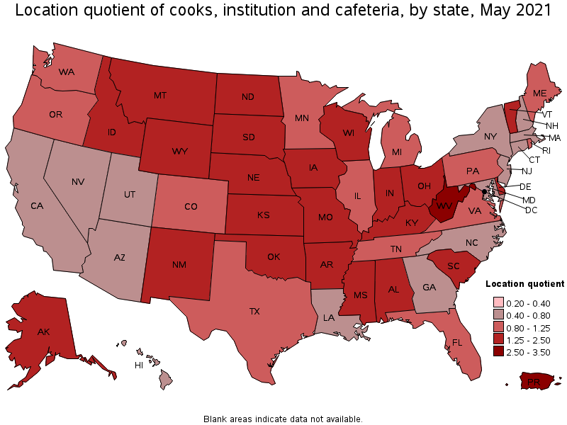 Map of location quotient of cooks, institution and cafeteria by state, May 2021