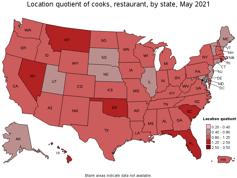Map of location quotient of cooks, restaurant by state, May 2021