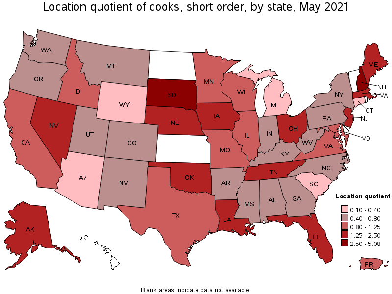 Map of location quotient of cooks, short order by state, May 2021