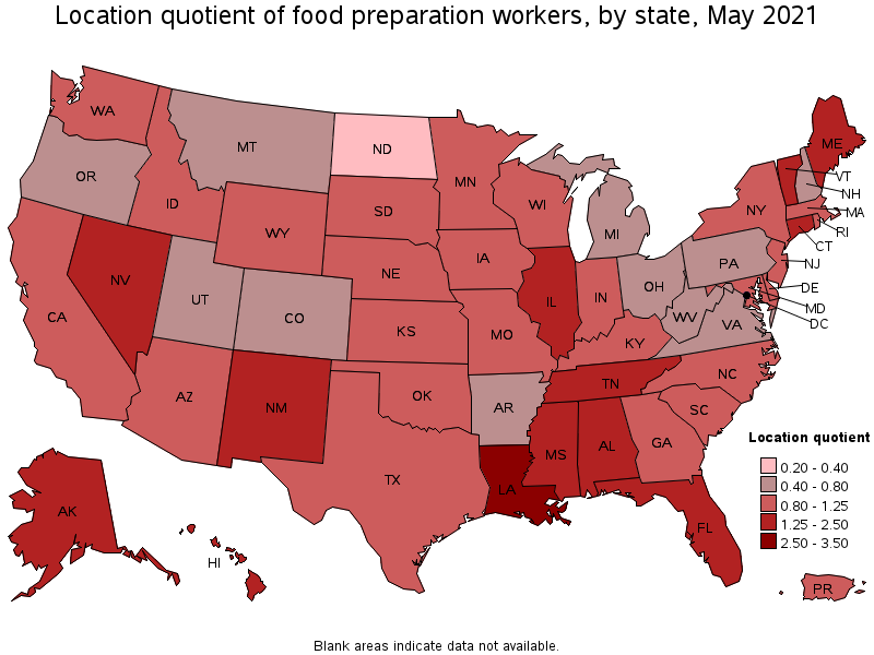 Map of location quotient of food preparation workers by state, May 2021